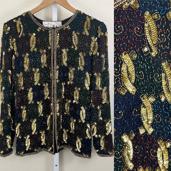 Vintage 80s Laurence Kazar Beaded Silk Evening Jacket Womens M Medium Glam Funky - Picture 1 of 5